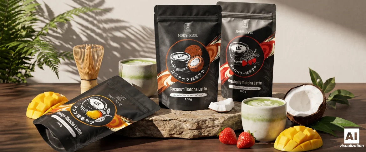 Mary Rose matcha latte-produkter i tre varianter, der hver indeholder en drik, frugt og en bambuspiskeris.