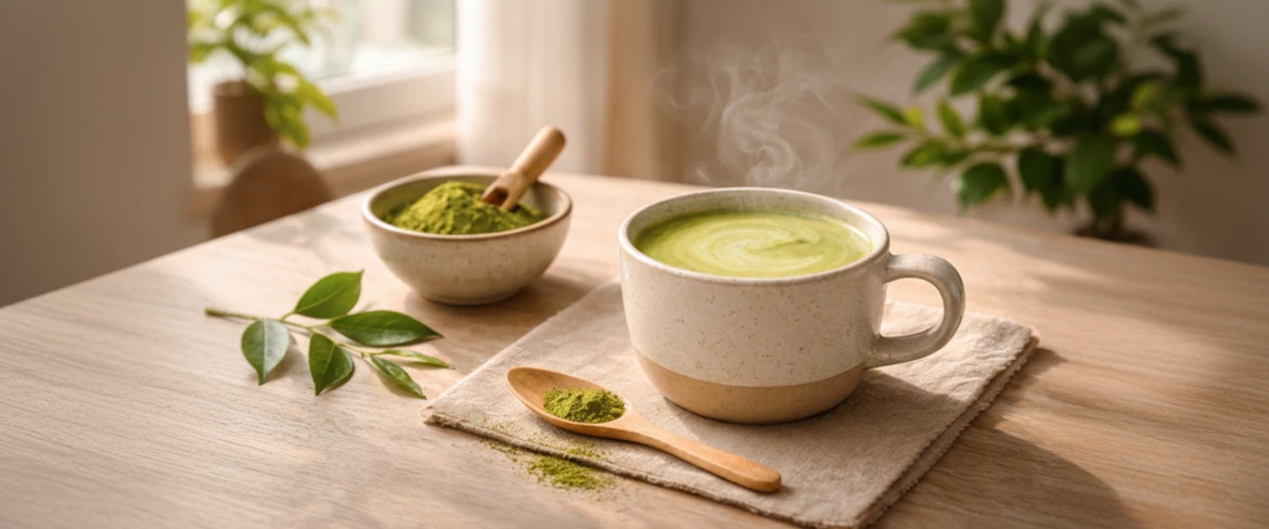 Matcha latte – hvad er det? Grøn matcha-te med mælk serveret i en kop