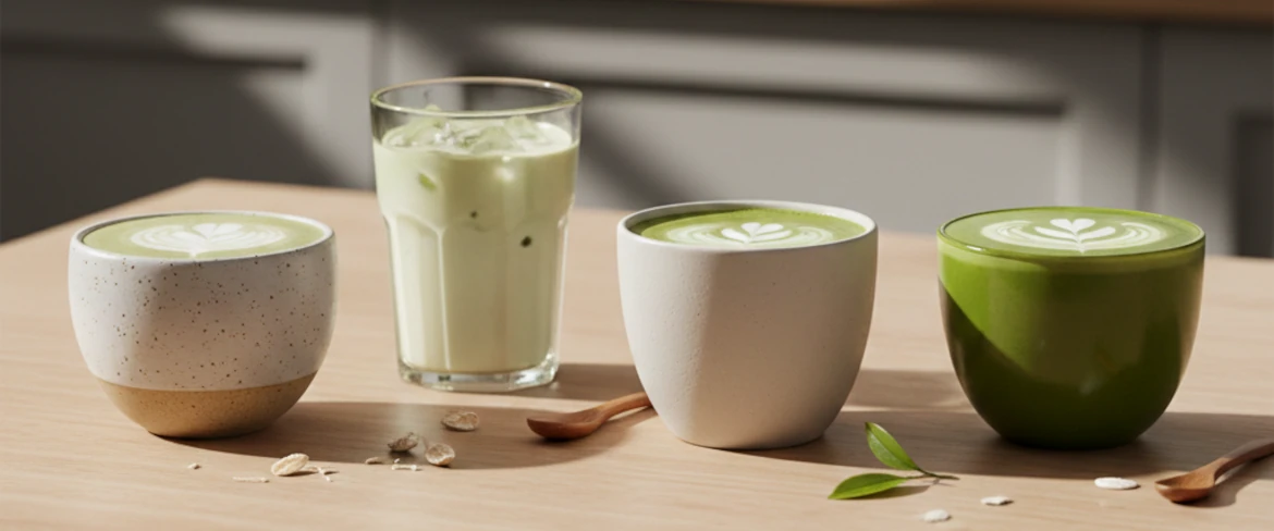 Matcha latte med forskellige typer mælk – havre, kokos og mandel