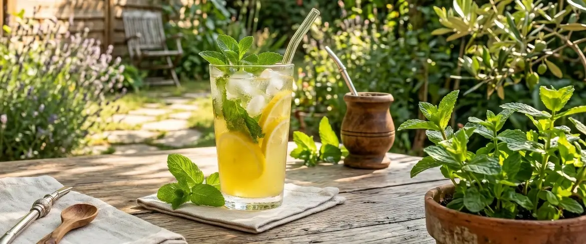 Forfriskende kold limonade med is ved siden af en traditionel yerba mate-kalebas – hvad skal man bruge mynte til om sommeren?