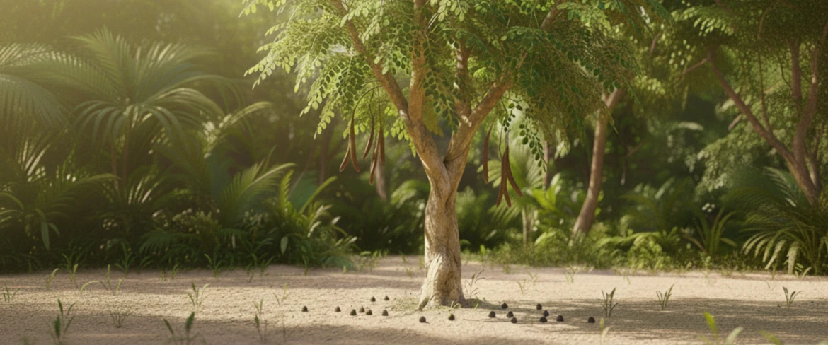 Moringa-træets blade i tropisk sollys – naturlig dyrkning af moringa