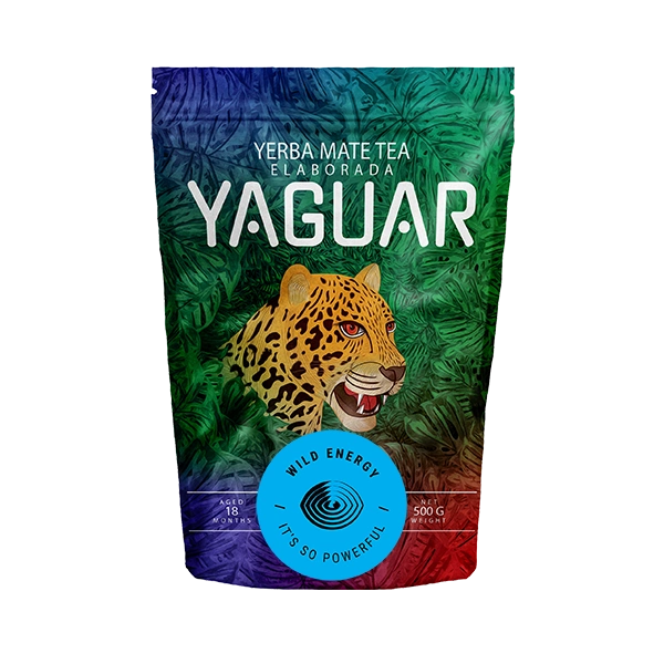 Kraftig argentinsk yerba mate af mærket Yaguar Wild Energy i en doypack.