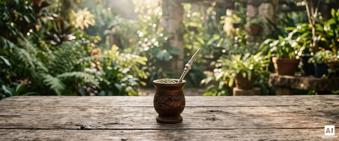 En mate-kalabas af træ med stærk yerba mate og en bombilla foran et grønt bladværk.