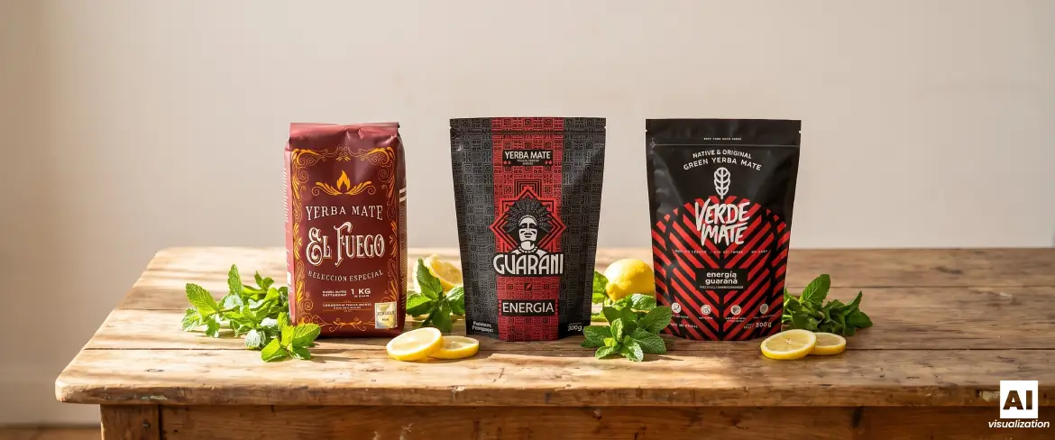Tre varianter af stærk yerba mate med guarana og røgtørrede blade på et træbord.