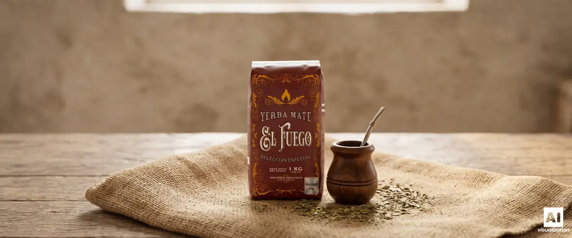 El Fuego Elaborada 1 kg og en mate-kalabas med yerba mate på traditionelt jutestof.