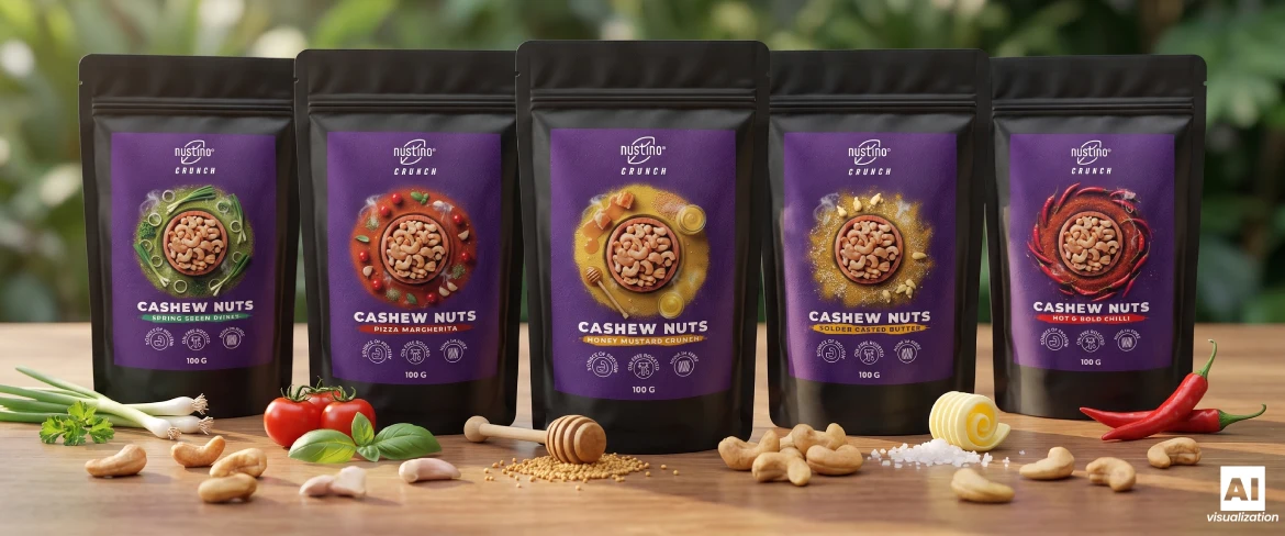 Fem pakker Nustino Crunch ristede cashewnødder med smagsgivere.