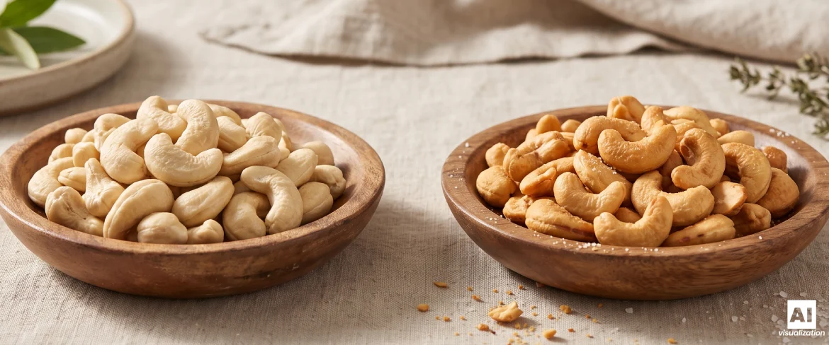 Naturlige og ristede cashewnødder i træskåle.