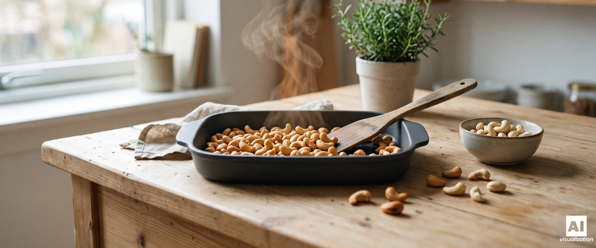 Ristede cashewnødder på en bageplade med en træspatel under varmebehandlingen.