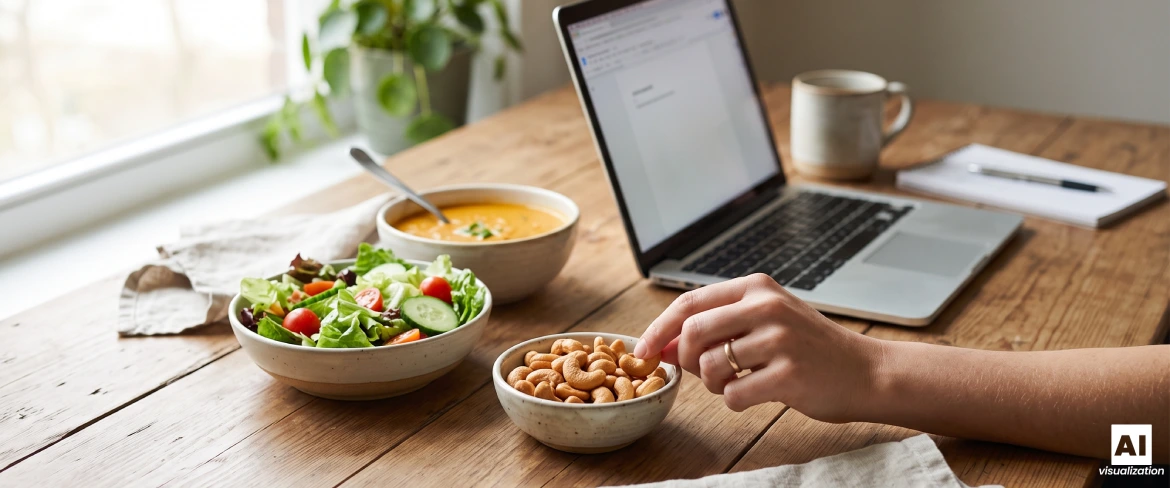 Ristede cashewnødder i en skål ved siden af en salat, en suppe og en bærbar computer.
