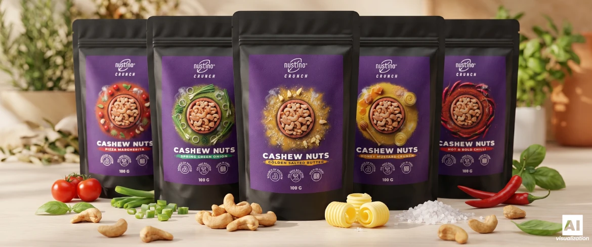 Nustino Crunch ristede cashewnødder i fem forskellige smagsvarianter.