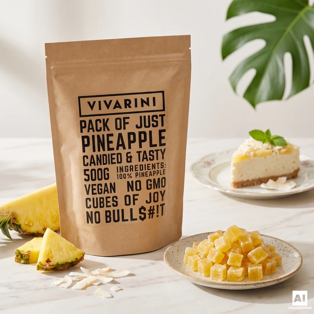 En doypack med kandiserede ananasstykker fra Vivarini ved siden af en kokos-cheesecake og friske ananasskiver på en bordplade.