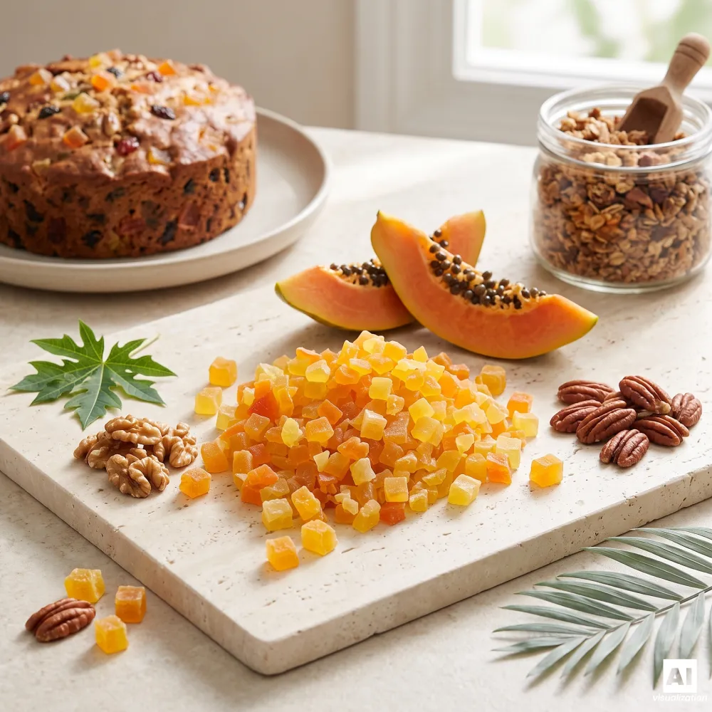 Stykker af kandiseret papaya ved siden af en frugtkage, et glas hjemmelavet granola, nødder og frisk, moden papaya.