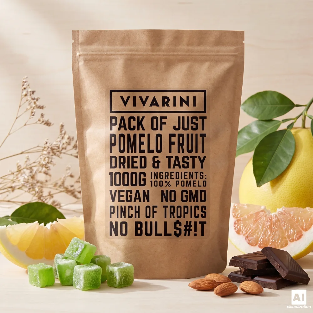 En pakke kandiseret pomelo fra Vivarini ved siden af friske citrusfrugter, mørk chokolade og mandler.