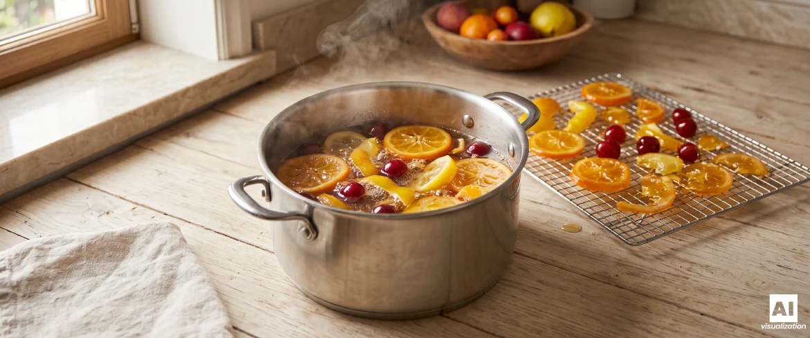 Appelsiner og tranebær, der koges i sukkersirup under kandiseringen af frugten, mens frugten tørrer på et rist ved siden af.