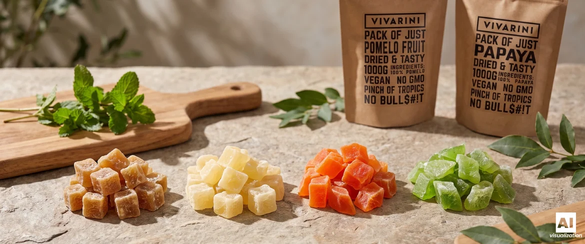 Terninger af kandiseret frugt ved siden af doypack-pakker med Vivarini-kandiseret pomelo og kandiseret papaya på en bordplade af sten.