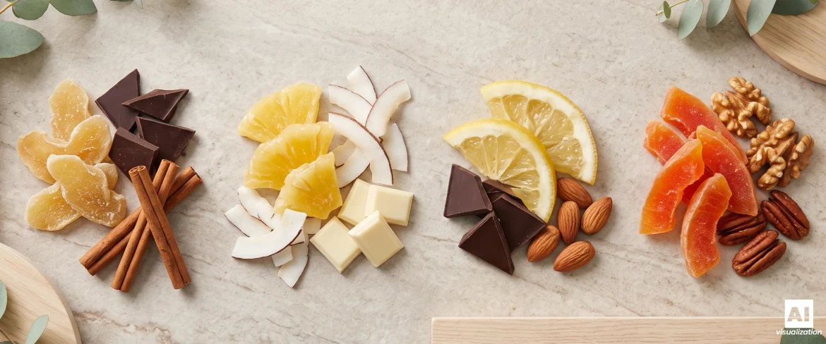 Forslag til smagskombinationer af kandiseret frugt med chokolade, nødder, kokos og varme krydderier.