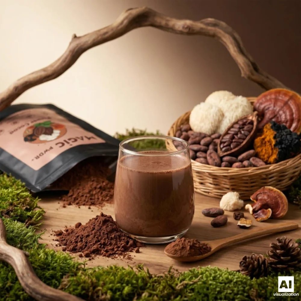 Magic Pwdr Power Cocoa, altså kakao med svampeekstrakter, ved siden af en kop varm kakaodrik.