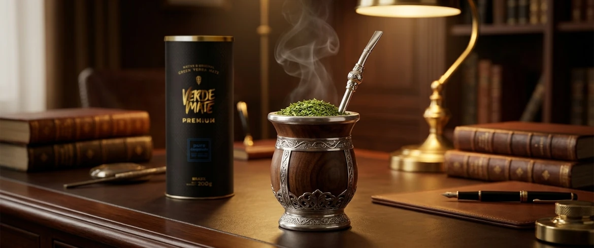 Den traditionelle ritual med at brygge varm premium-yerba mate i en elegant mate-kalabas ved siden af en tube fra mærket Verde Mate