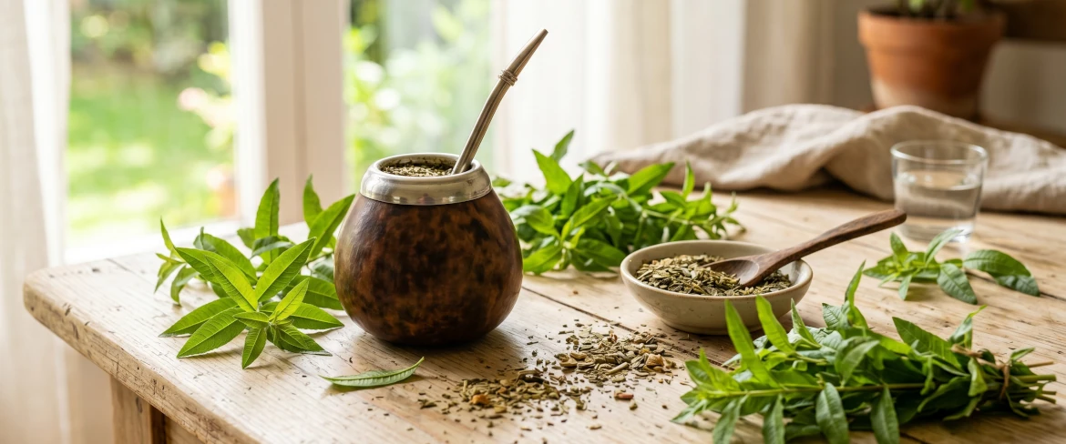 En yerba mate-kalabas omgivet af urter. Find ud af, hvad man kan tilsætte citronverbena til.