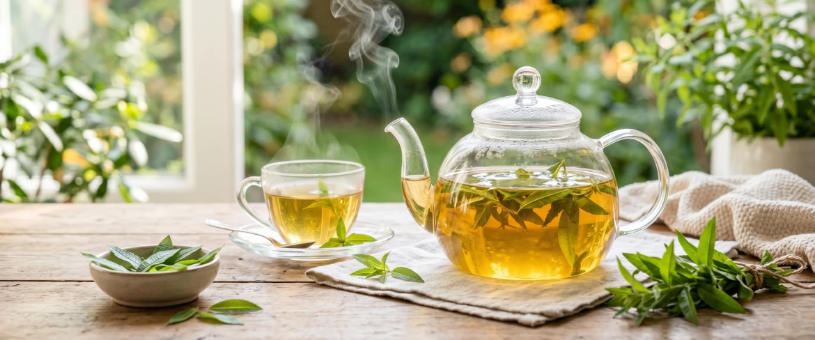Varm citronverbena-te i en glastekande.