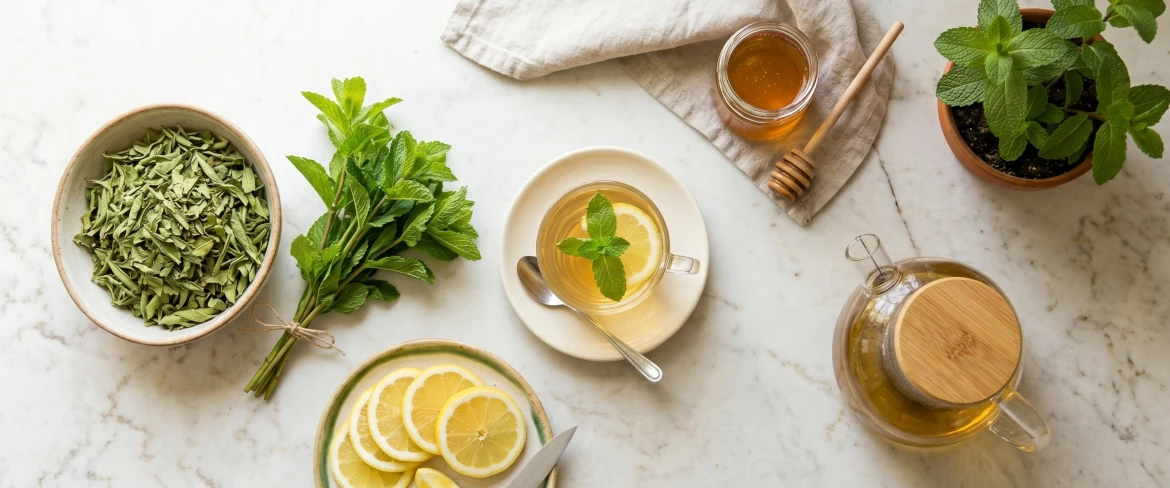 Ingredienser til citronverbenate, vist set ovenfra.