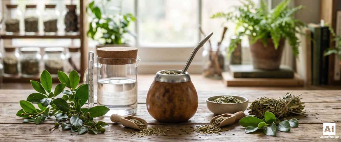 En mate-kalabas med yerba mate, yerba mate-blade, tørret yerba mate, vand og et termometer til brygning.