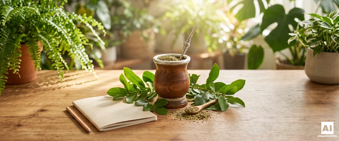 Yerba mate i en mate-kalabas af træ med yerba mate-blade og en notesbog på et bord.