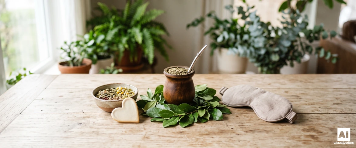 Yerba mate i en mate-kalabas omgivet af blade, urter og en søvnmaske.