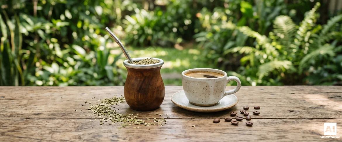 Yerba mate og en kop kaffe står side om side på et træbord.