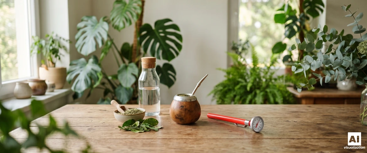 En mate-kalabas med yerba mate, vand, tørret yerba mate og et termometer til at måle temperaturen på afkoget.