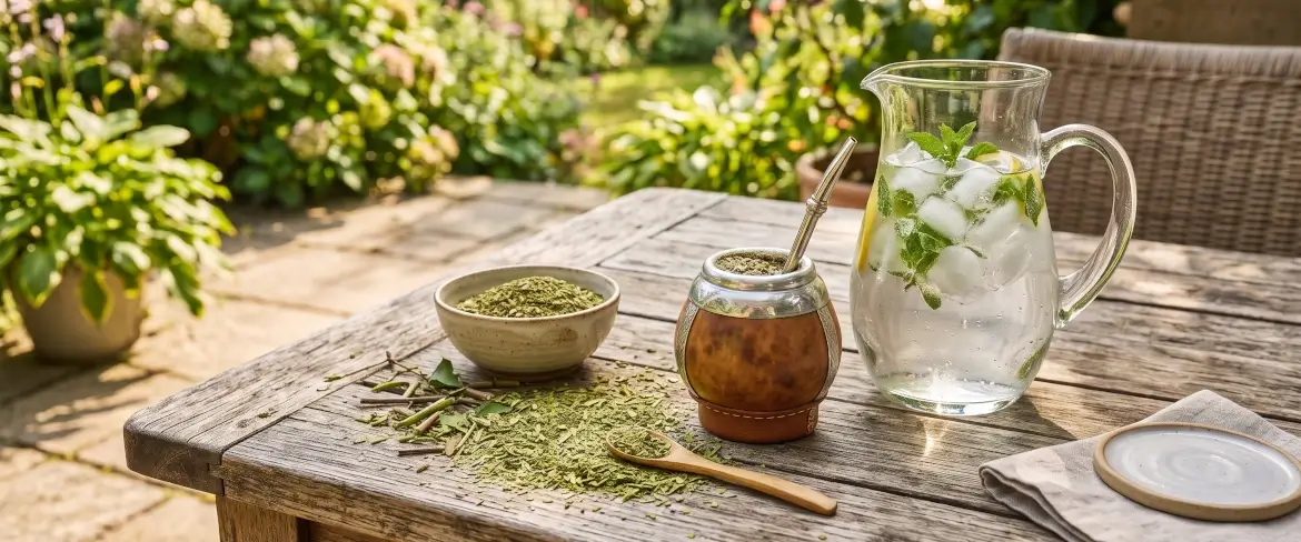 Yerba mate-blade og en glaskande med iskoldt vand