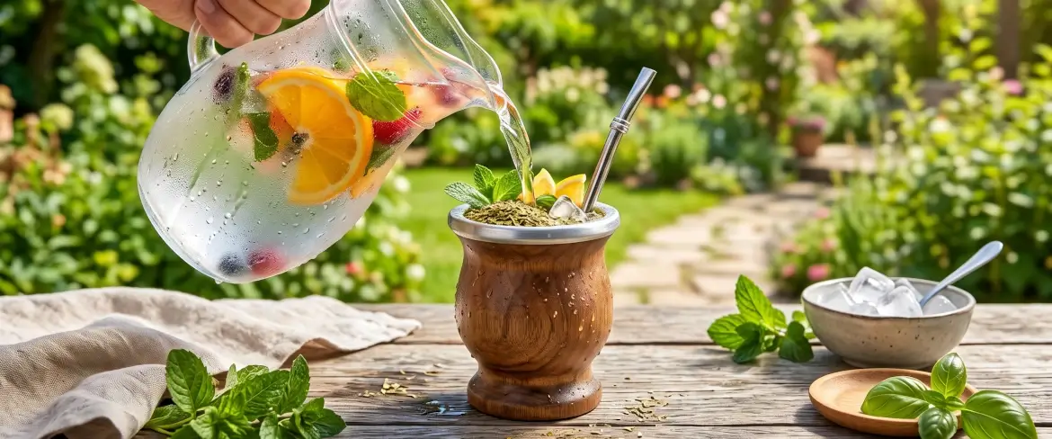 Kold yerba mate, der hældes sammen med kølet frugtsaft for at tilberede tereré