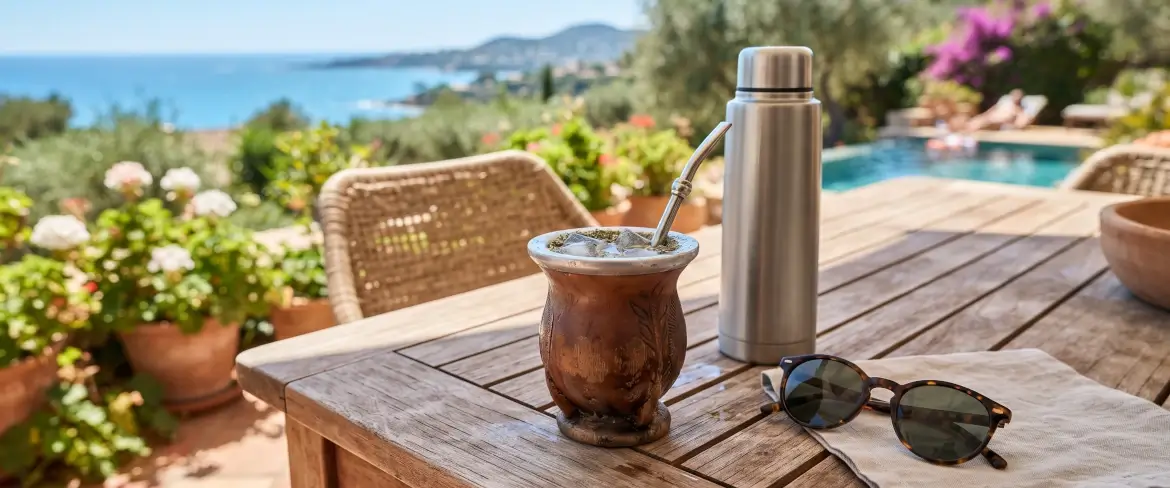 Sommerafslapning på en terrasse med en termokande og en mate-kalabas