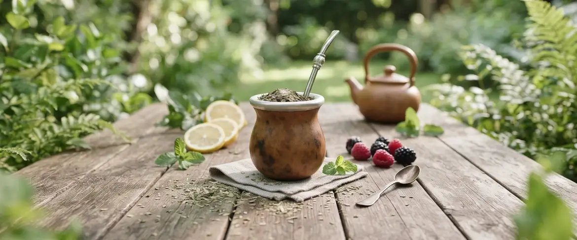 En mate-kalabas med yerba mate på et træbord, med citron og mynte ved siden af, hvilket skaber en naturlig ramme om drikken.