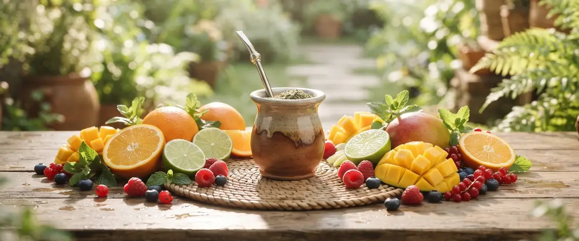 Yerba mate med citrus, mango og bær serveres i en mate-kalabas, hvilket giver en frisk og forfriskende drik.
