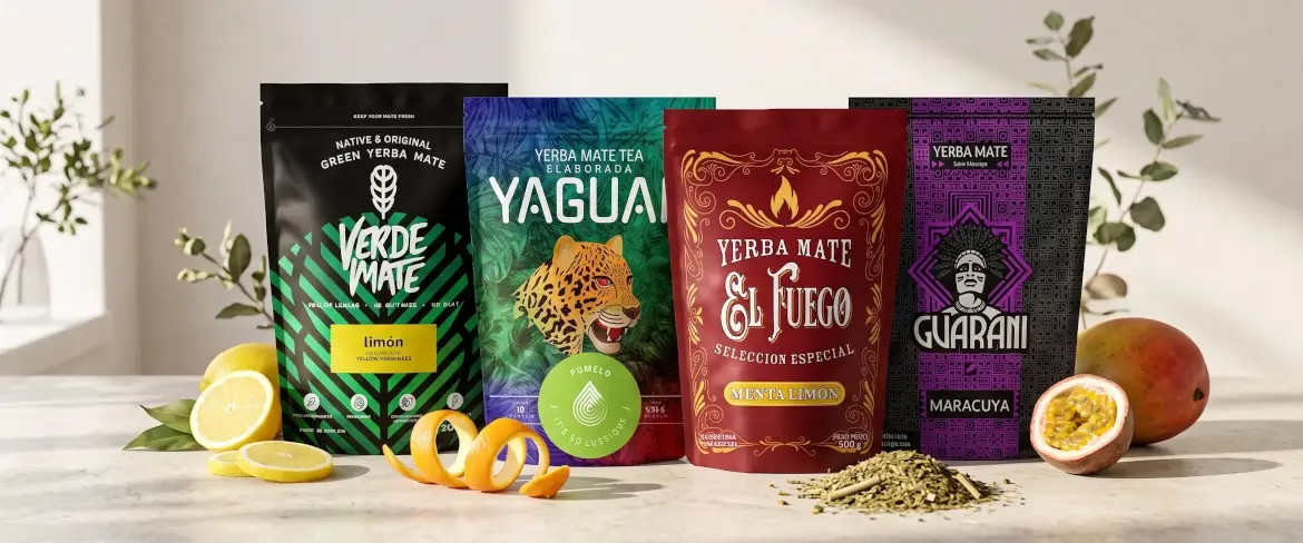Yerba mate i doypacks med forskellige smagsvarianter med frugt, herunder citrus og frugt-yerba mate.