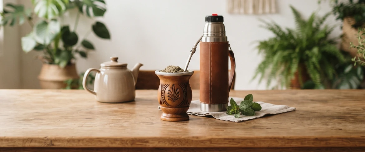 En mate-kalabas med yerba mate, en termokande og tilbehør til tilberedning på et bord, der illustrerer det daglige yerba mate-ritual.