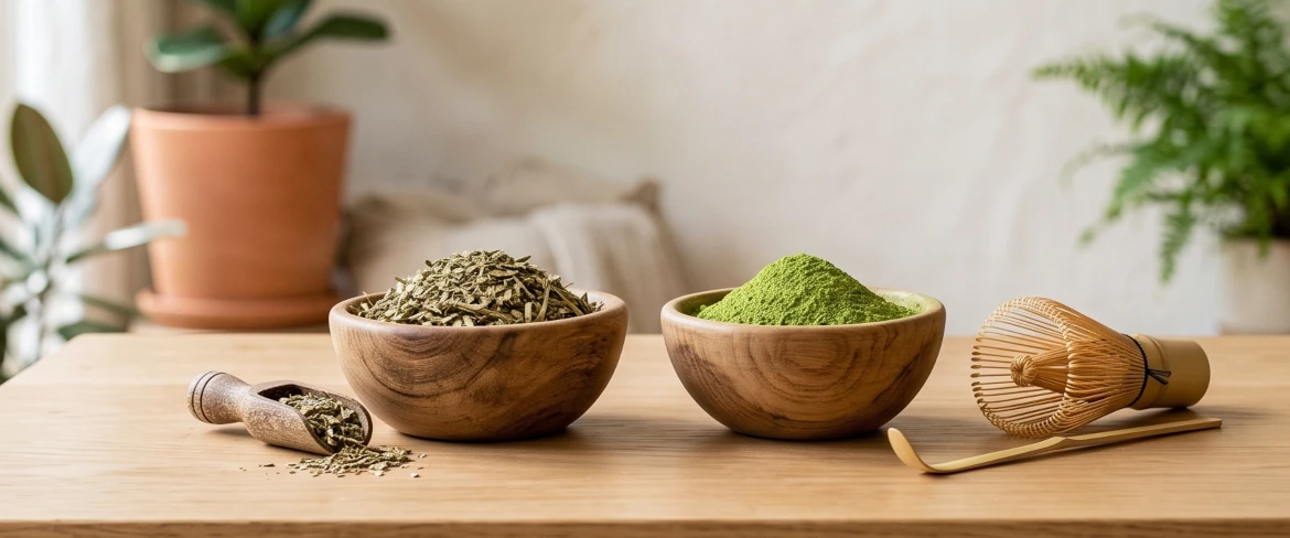Matcha-grøn te kontra yerba mate: træskåle med tørre yerba mate-blade og grønt matcha-pulver.