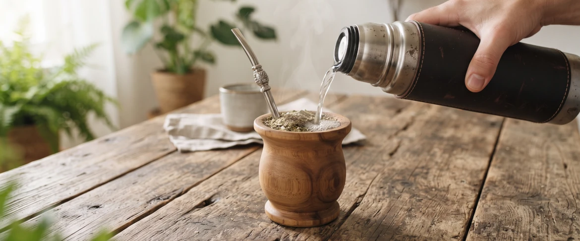 Varmt vand hældes fra en termokande ned i en trækalabas med yerba mate og en bombilla.