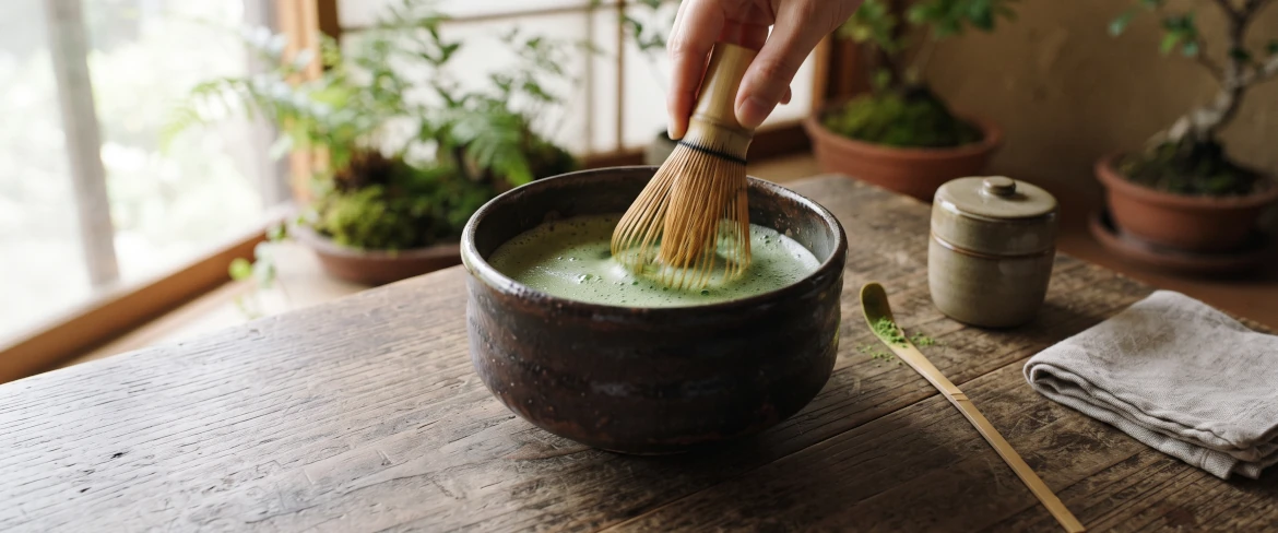 Traditionel tilberedning af matcha i en mørk skål med en chasen-piskeris af bambus.