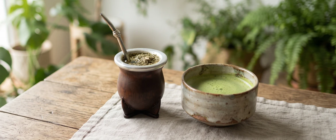 Direkte sammenligning af matcha og yerba mate: en mate-kalabas med en bombilla og en keramisk skål med te.