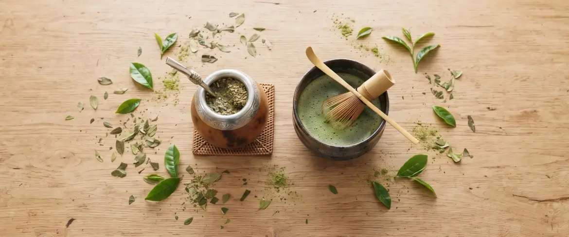 Ovenfra-billede af yerba mate og matcha: en mate-kalabas af træ og en keramisk skål omgivet af blade.