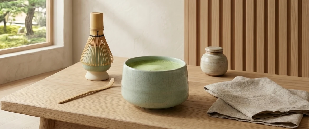 Matcha-te i en matchawan-skål med en chasen-piskeris – matcha-tesæt