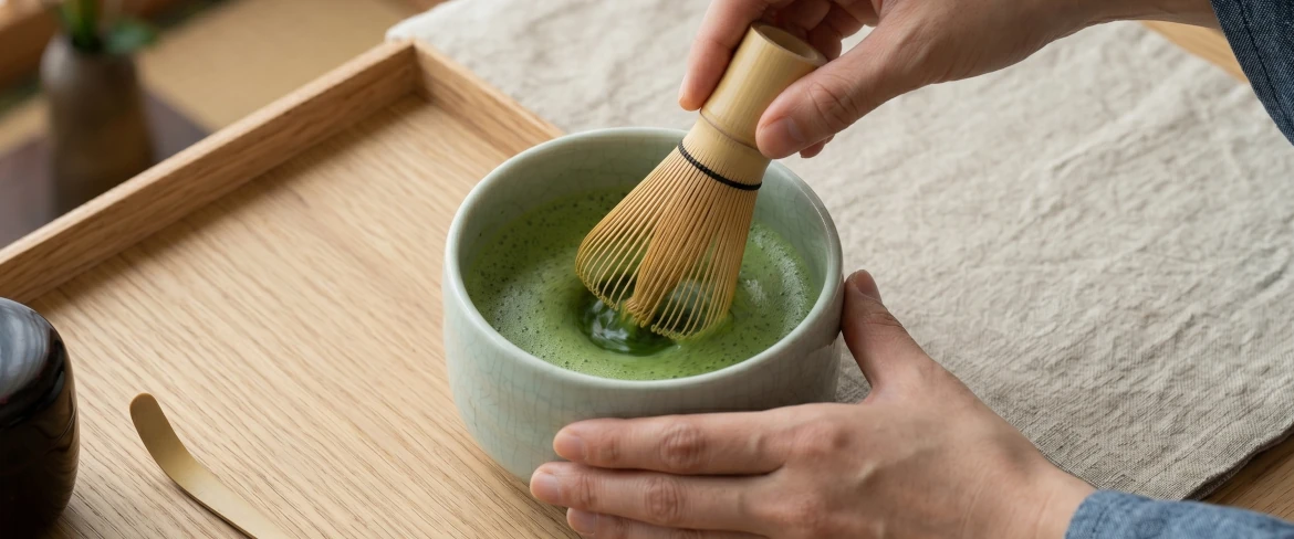 Tilberedning af matcha-te i en matchawan ved hjælp af en chasen – et matcha-sæt
