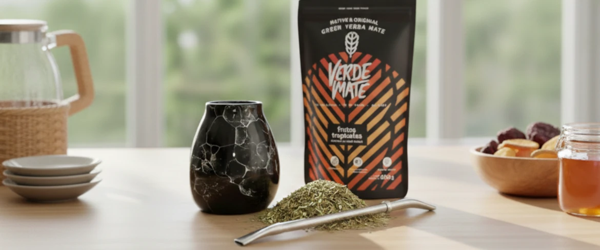 Yerba mate-startpakke: yerba mate-kop, bombilla og yerba mate-emballage