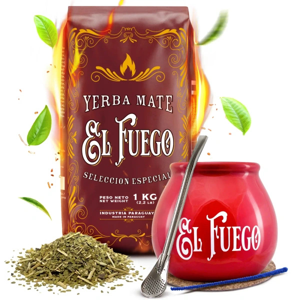Yerba Mate-sæt: El Fuego Elaborada 1kg + Kalabas + Bombilla