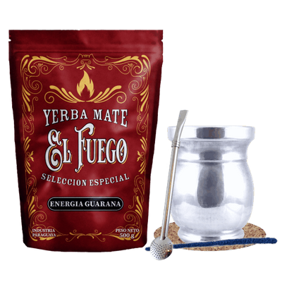 Yerba Mate Sæt: El Fuego Energia Guarana 500g + Palo Santo + Bombilla