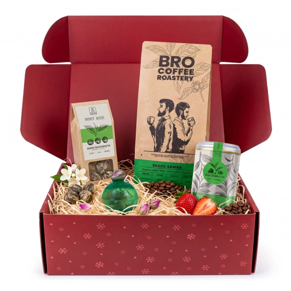 Julegavesæt med kaffe og te: Bro Coffee Roastery Brazil Samba + te fra Mary Rose