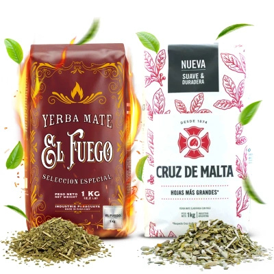 Yerba Mate Elaborada-sæt: El Fuego 1kg + Cruz de Malta 1kg