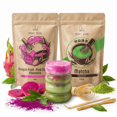 Sæt til farverig Matcha Latte: Matcha + Pink Matcha + tilbehør